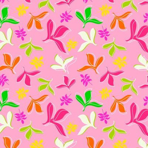 Hot Pink, Magenta, Green, Orange and Yellow Leaves on Pink Background