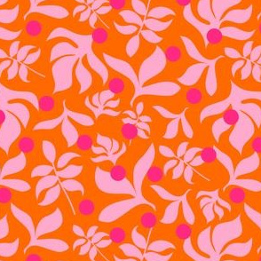 Pink Leaves on Orange Background with Hot Pink Dots