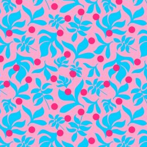 Blue Leaves on Pink Background with Hot Pink Dots