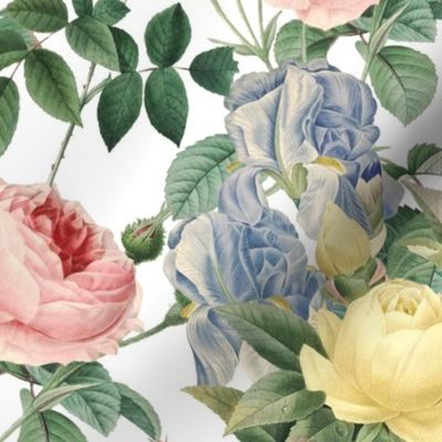 Mystic Nostalgic Peach And Yellow  Pierre-Joseph Redouté Flowers, Blue Iris Antique Bloom Bouquets, Vintage Home Decor,   English Rose Springflowers Fabric 