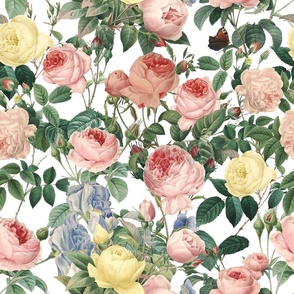 Mystic Nostalgic Peach And Yellow  Pierre-Joseph Redouté Flowers, Blue Iris Antique Bloom Bouquets, Vintage Home Decor,   English Rose Springflowers Fabric 