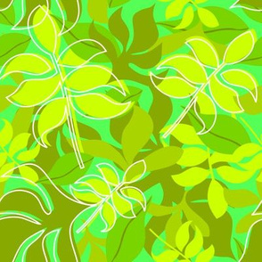 Leaves in Green on Green Background with Scattered White Outlines