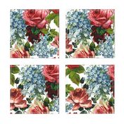 Mystic Nostalgic Blue Forget-Me-Not And Red Roses Flowers, Antique Bloom Bouquets, Vintage Home Decor,   English Rose Springflowers Fabric