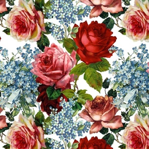 Mystic Nostalgic Blue Forget-Me-Not And Red Roses Flowers, Antique Bloom Bouquets, Vintage Home Decor,   English Rose Springflowers Fabric