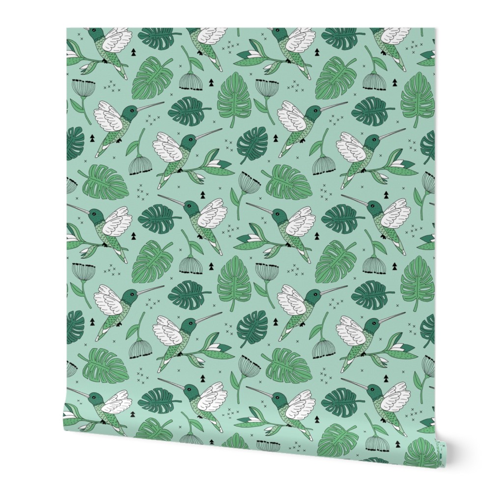 Hummingbird tropical garden jungle pattern with monstera leaves and paradise bird flowers mint green summer spring MEDIUM