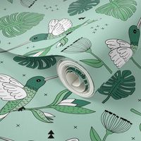 Hummingbird tropical garden jungle pattern with monstera leaves and paradise bird flowers mint green summer spring MEDIUM