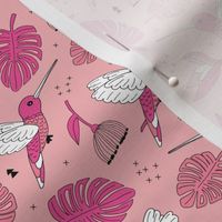 Hummingbird tropical garden jungle pattern with monstera leaves and paradise bird flowers pink apricot girls summer spring MEDIUM