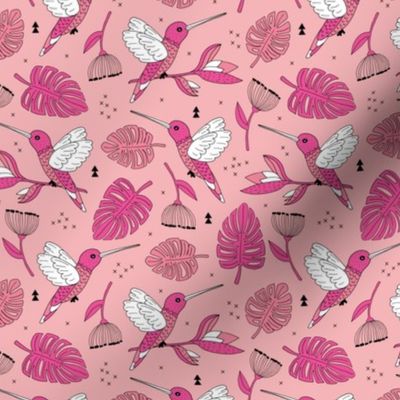 Hummingbird tropical garden jungle pattern with monstera leaves and paradise bird flowers pink apricot girls summer spring MEDIUM