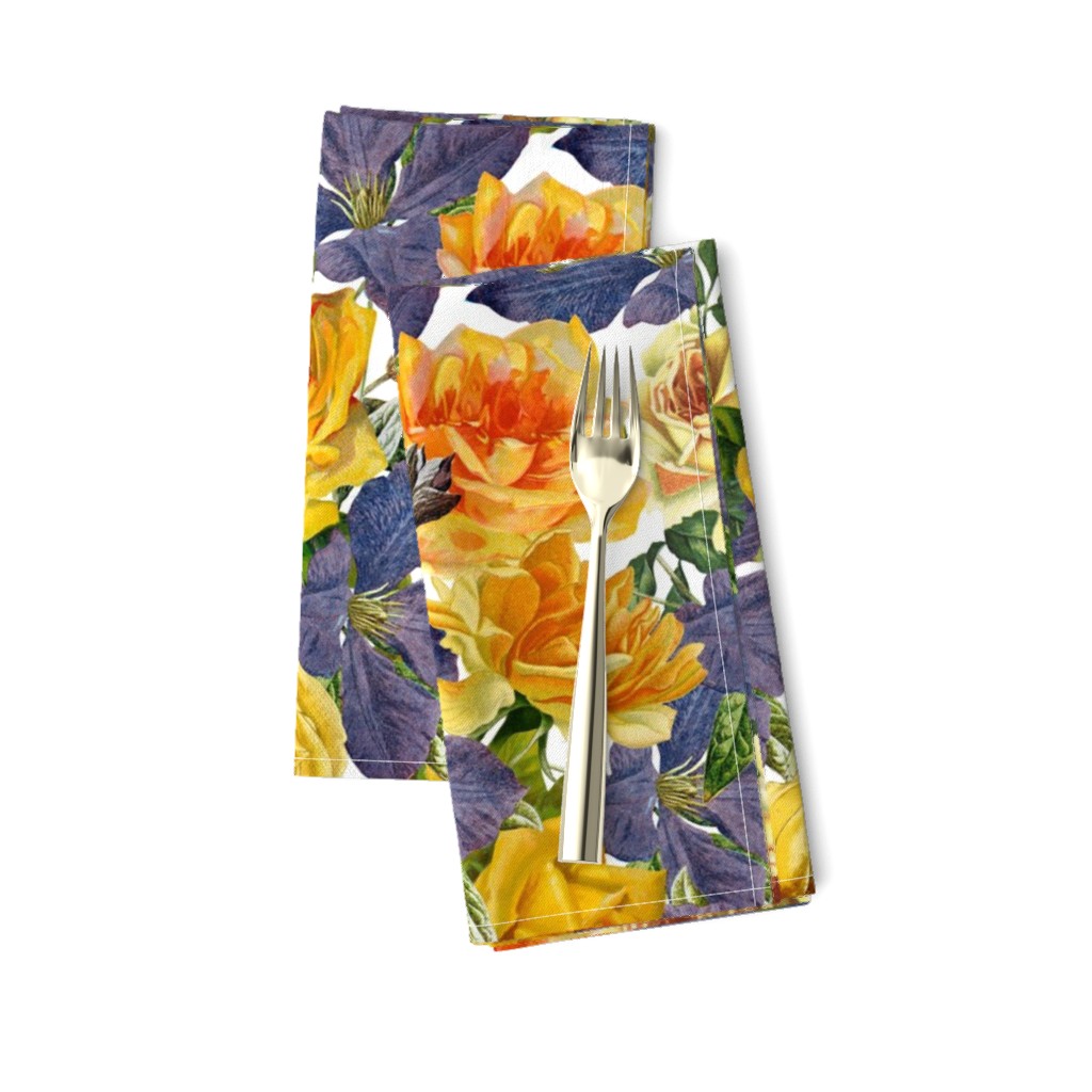 Mystic Nostalgic Purple Clematis And Yellow Roses Flowers, Antique Bloom Bouquets, Vintage Home Decor,   English Rose Springflowers Fabric