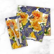 Mystic Nostalgic Purple Clematis And Yellow Roses Flowers, Antique Bloom Bouquets, Vintage Home Decor,   English Rose Springflowers Fabric