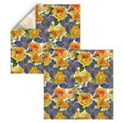 Mystic Nostalgic Purple Clematis And Yellow Roses Flowers, Antique Bloom Bouquets, Vintage Home Decor,   English Rose Springflowers Fabric