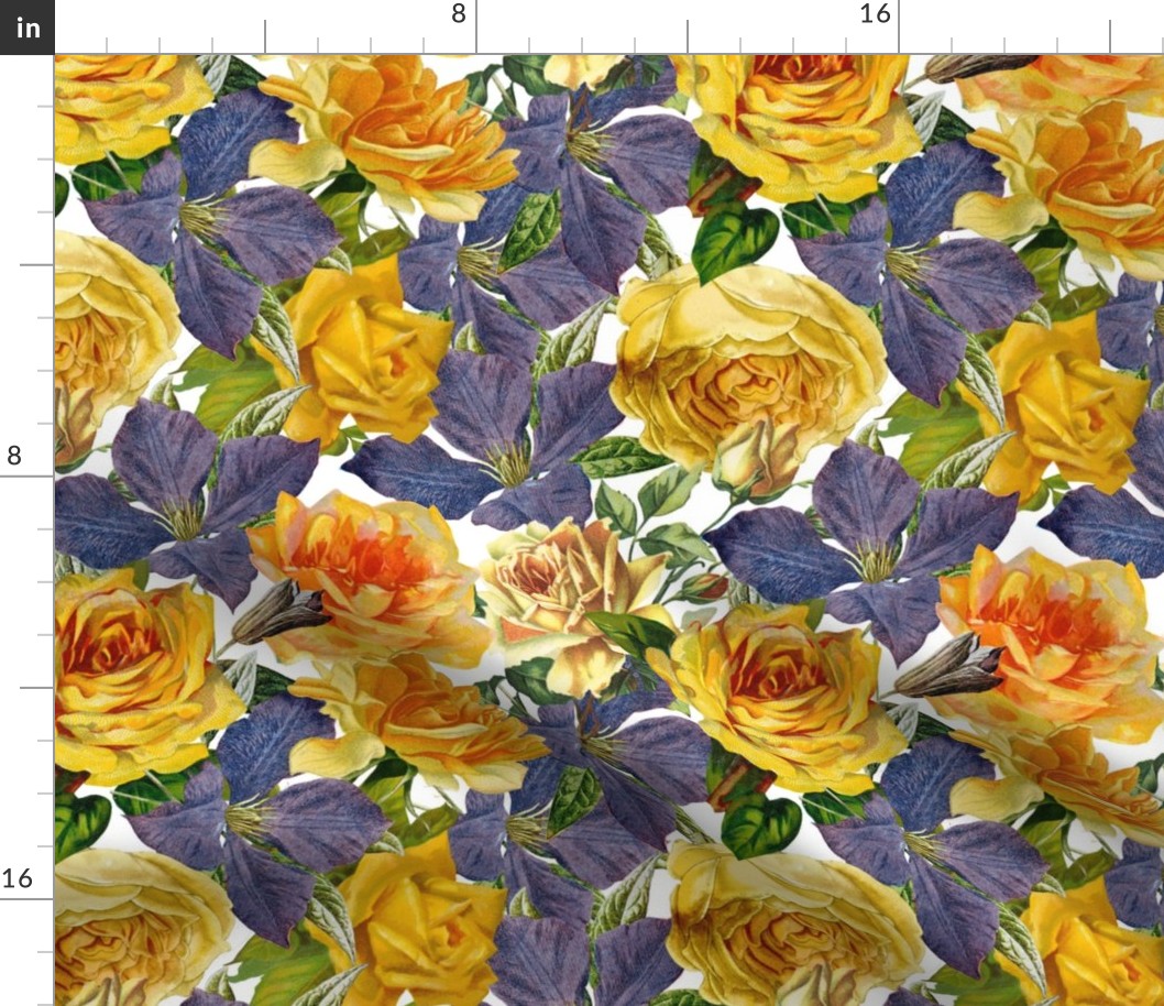 Mystic Nostalgic Purple Clematis And Yellow Roses Flowers, Antique Bloom Bouquets, Vintage Home Decor,   English Rose Springflowers Fabric