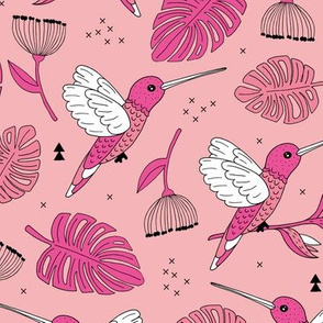 Hummingbird tropical garden jungle pattern with monstera leaves and paradise bird flowers pink apricot girls summer spring