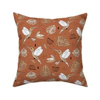 Hummingbird tropical garden jungle pattern with monstera leaves and paradise bird flowers autumn copper
