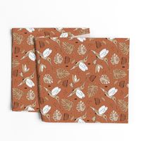 Hummingbird tropical garden jungle pattern with monstera leaves and paradise bird flowers autumn copper