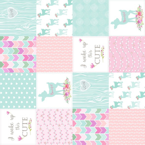 Baby Deer Patchwork – I Woke Up This Cute – Mint Pink Lilac Cheater Quilt Floral Wholecloth (rotated)