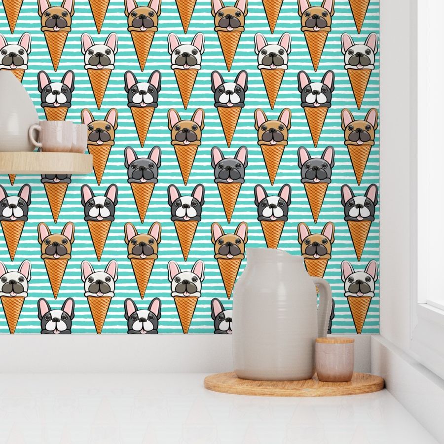 French bull dog icecream cones - teal stripes