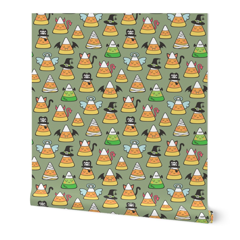 Candy Corn Halloween Fall Doodle on Olive Green