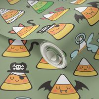 Candy Corn Halloween Fall Doodle on Olive Green