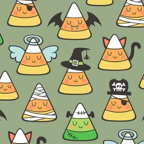 Candy Corn Halloween Fall Doodle on Olive Green