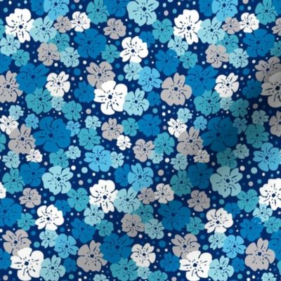 Blue, white and grey flowers with dots on navy background