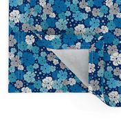 Blue, white and grey flowers with dots on navy background