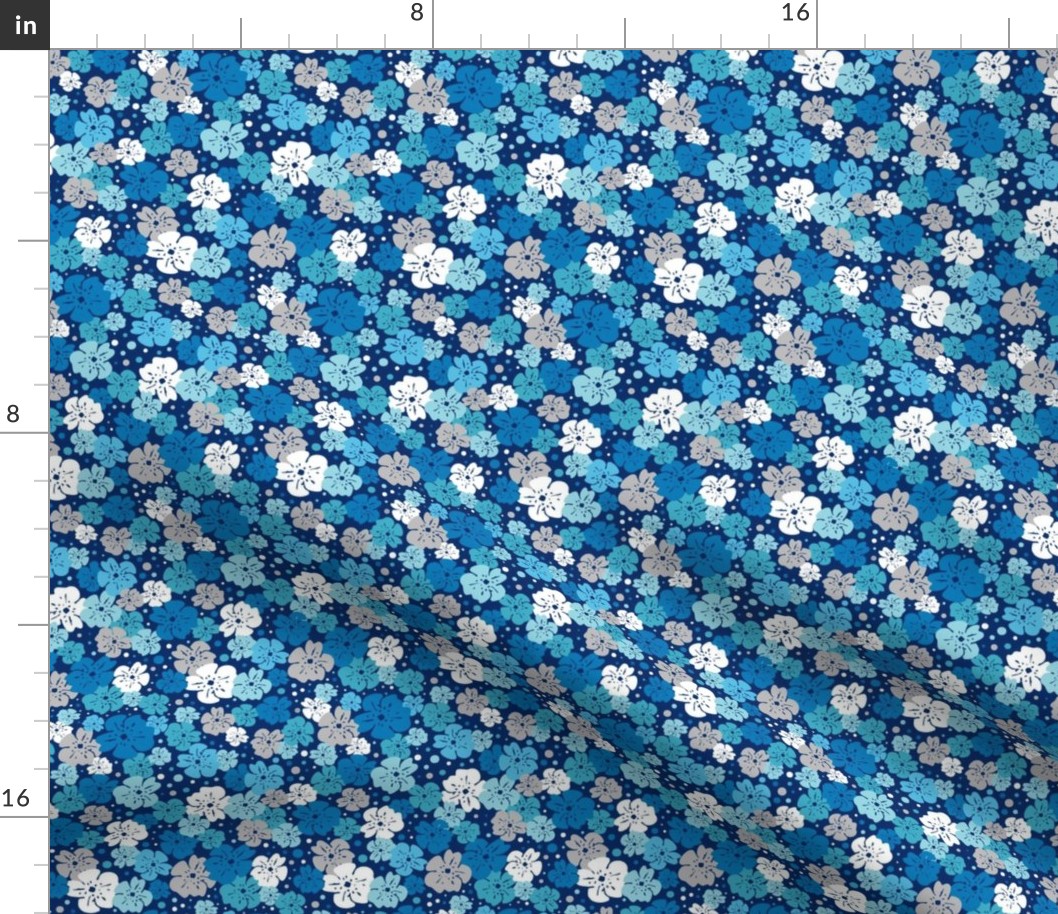 Blue, white and grey flowers with dots on navy background