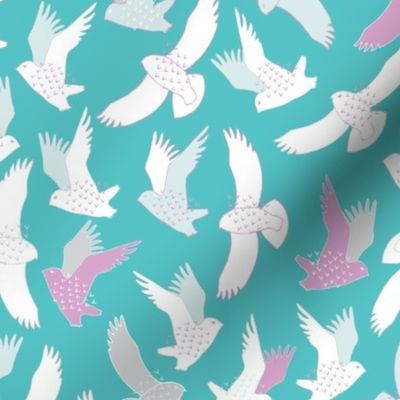 Snowy Owls In flight - white, pink and grey on bright aqua blue.