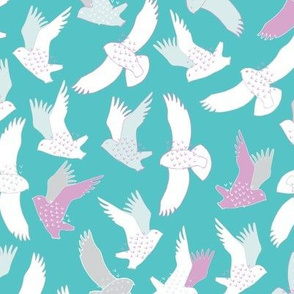 Snowy Owls In flight - white, pink and grey on bright aqua blue.