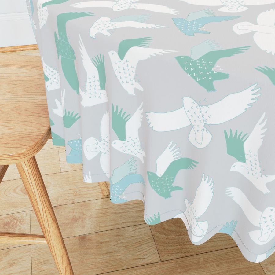 Snowy Owls In flight - white, mint and blue on grey