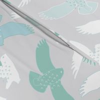 Snowy Owls In flight - white, mint and blue on grey