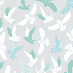 Snowy Owls In flight - white, mint and blue on grey