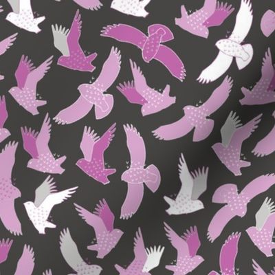 Snowy Owls In flight - pink on charcoal black