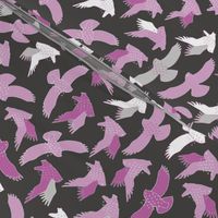 Snowy Owls In flight - pink on charcoal black