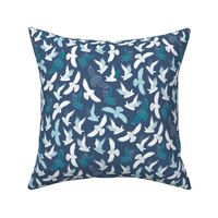 Snowy Owls in flight - white and teal on French navy