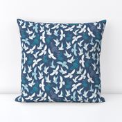 Snowy Owls in flight - white and teal on French navy