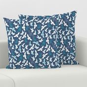 Snowy Owls in flight - white and teal on French navy