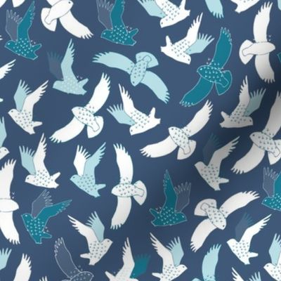 Snowy Owls in flight - white and teal on French navy