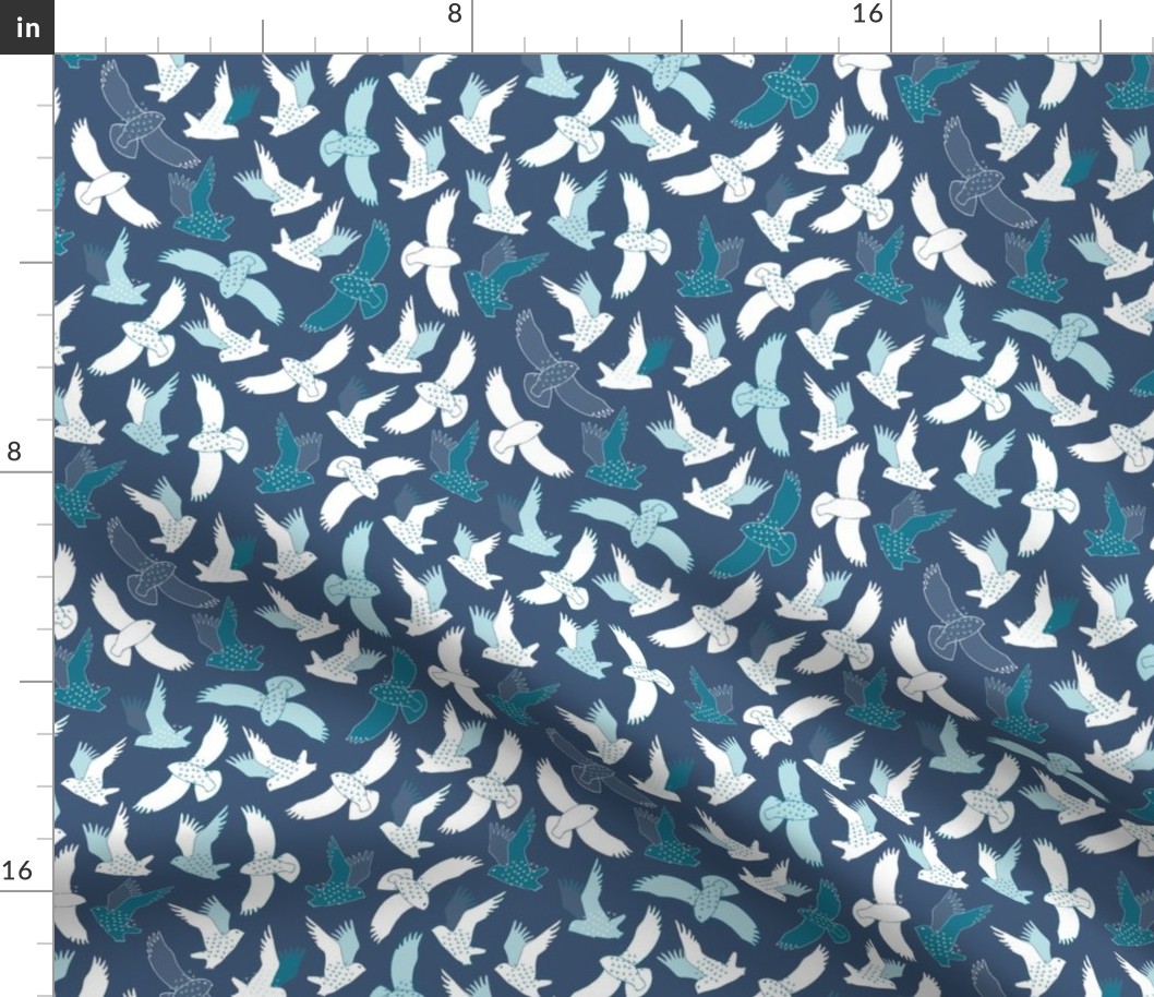 Snowy Owls in flight - white and teal on French navy