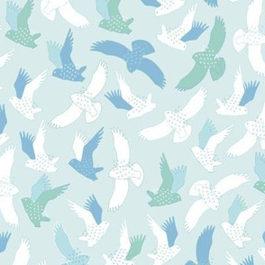 Snowy Owls In flight - mint and sky blue