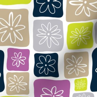 Doodle Squares with Flowers Purple, Lime green, Beige, Navy blue