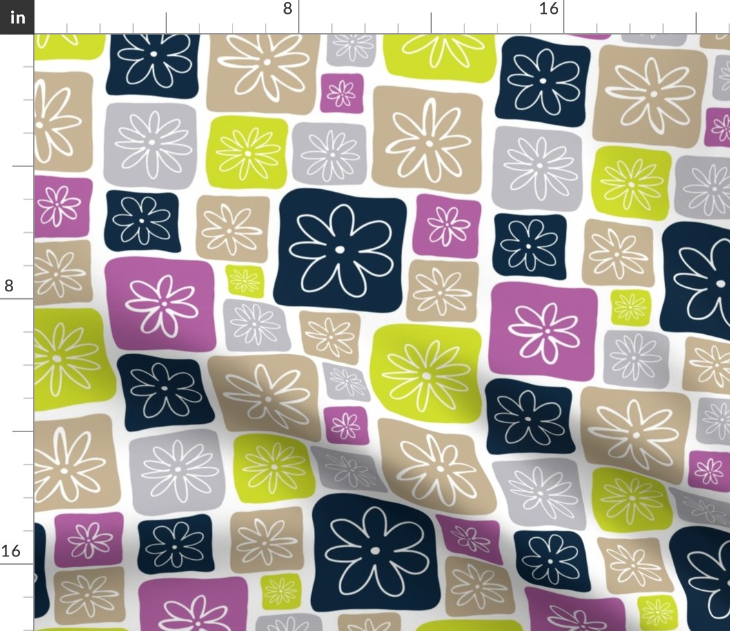 Doodle Squares with Flowers Purple, Lime green, Beige, Navy blue