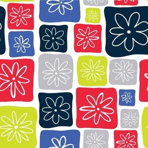 Doodle Squares with Flowers Blue, Red, Gray, Lime green