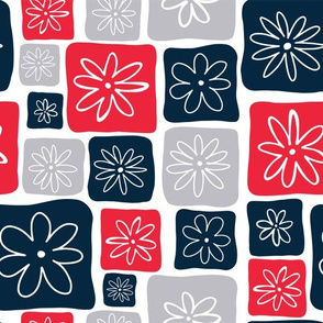 Doodle Squares with Flowers Red, Blue, Gray