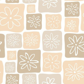 Doodle Squares with Flowers Beige