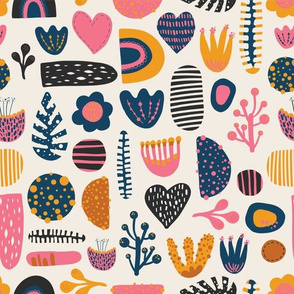 Scandinavian cute abstract shapes, flowers, hearts