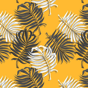 Grey and White Palm Leaves on Mustard 