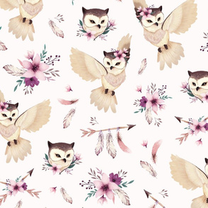 Bohoo - boho owl and floral - light pink