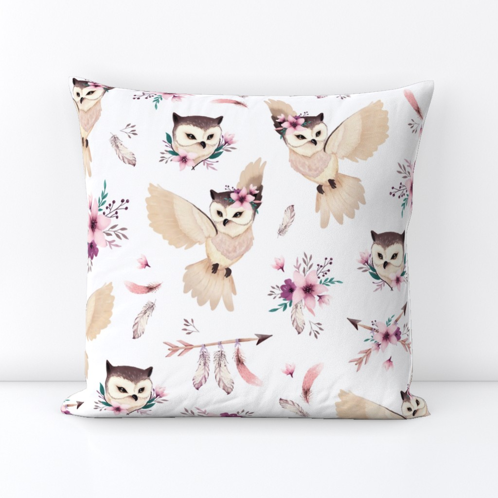 Bohoo Owl - boho owl and floral - white