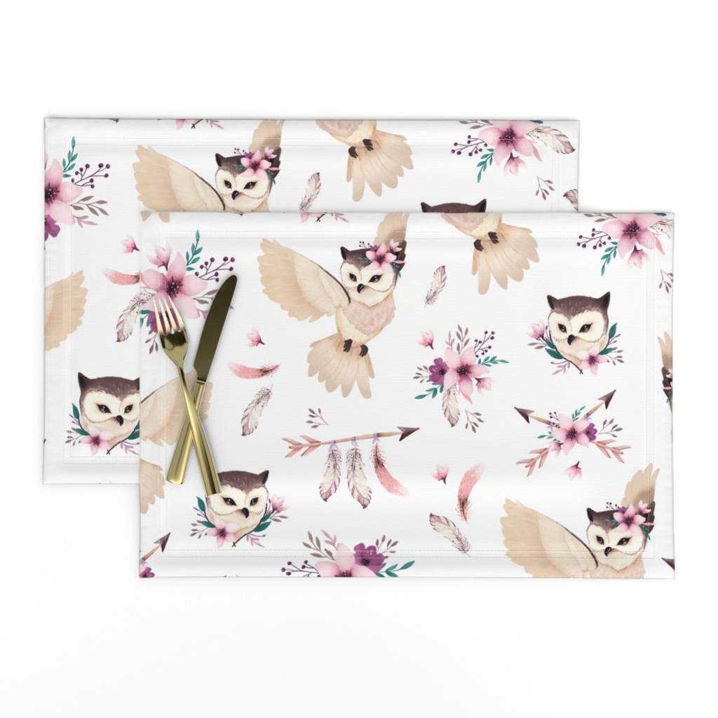 Bohoo Owl - boho owl and floral - white